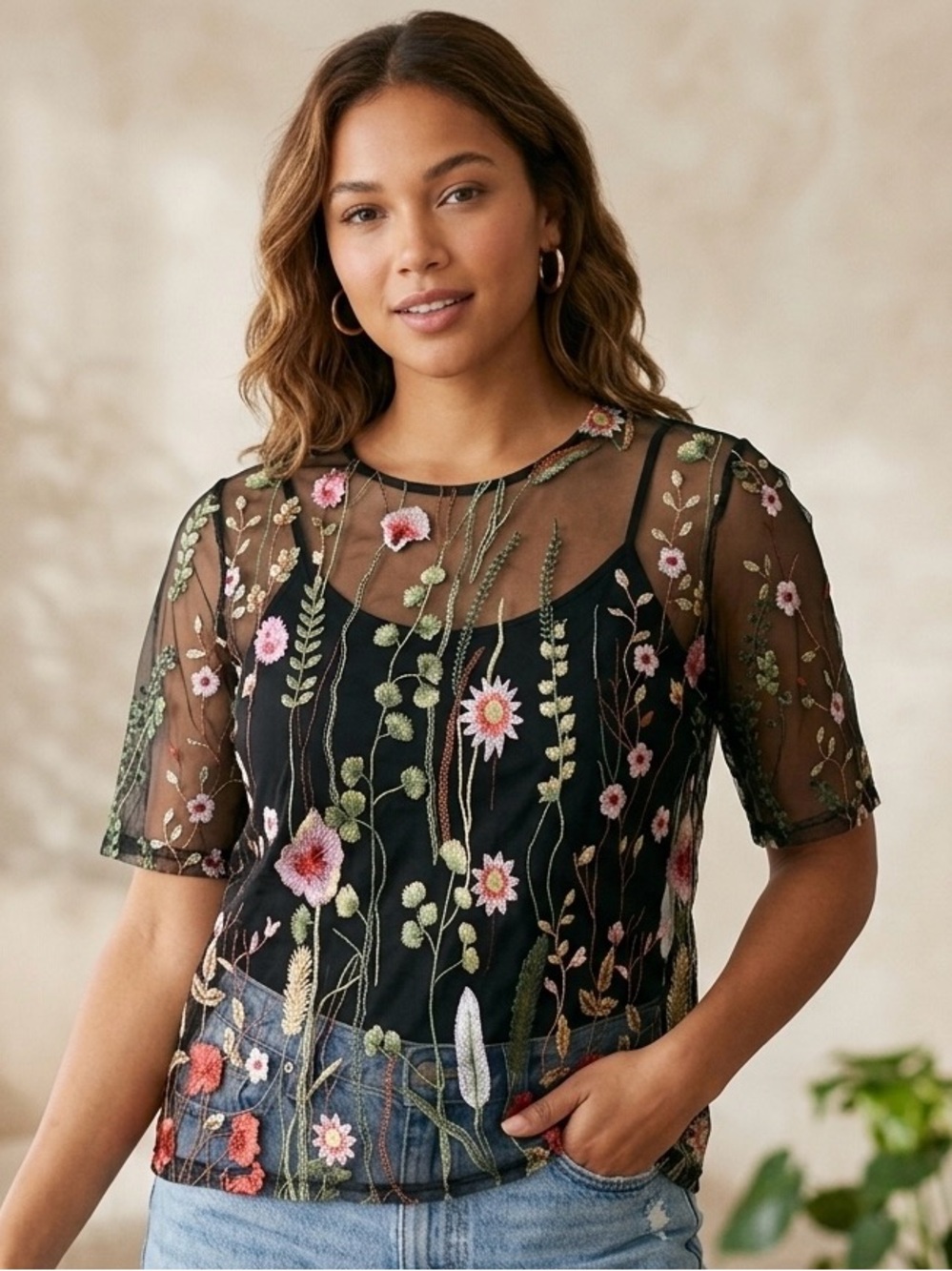 Spencer & Olivia Black Mesh Floral Embroidery Short Sleeve Blouse Boho L